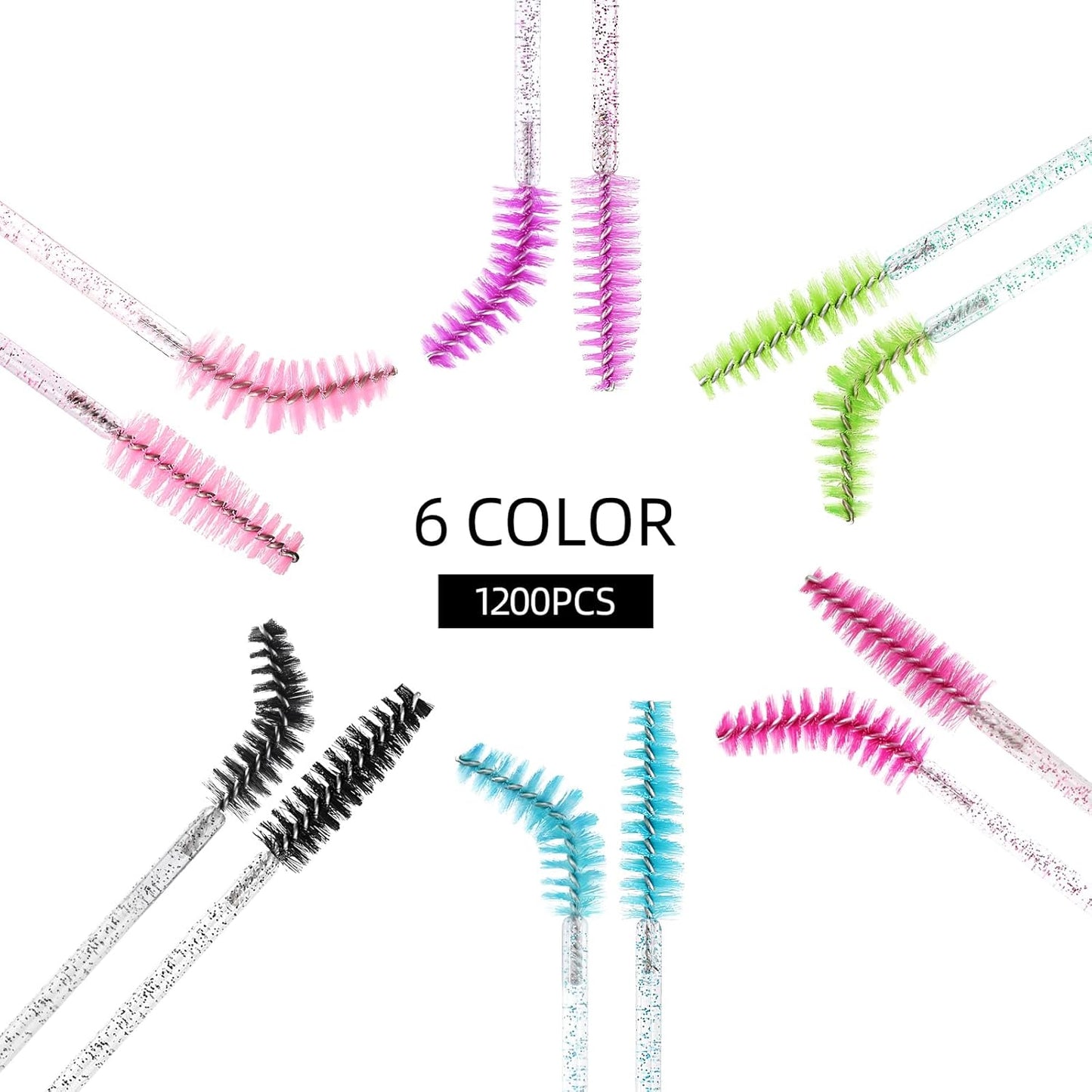 Tbestmax 1200 Disposable Eyelash Brush Crystal Eyebrow Spoolies Mascara Wands Makeup Brushes Applicators Kits for Eyelash Extensions - 6 Colors