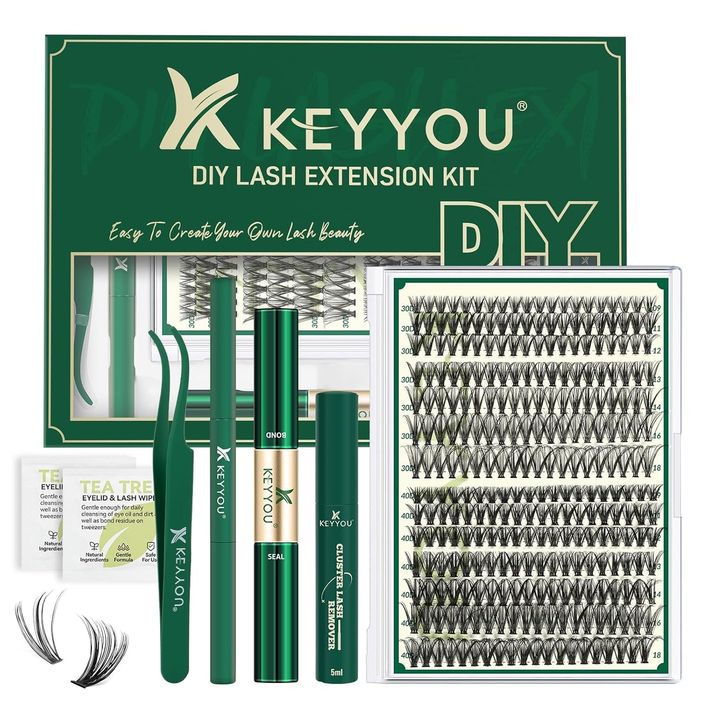 KEYYOU Lash Extension Kit DIY 280Pcs Lash Clusters Eyelash Extension Kit 30D40D,D Curl 9-18MIX Lash Clusters Kit with Lash Glue Remover Applicator Easy to Use for Beginners(Kit,30D40D-D,9-18MIX)
