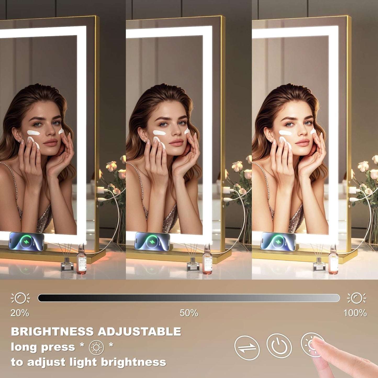 Hasipu Vanity Mirror with Lights, 23" x 18" LED Makeup Mirror, Lighted Makeup Mirror with Dimmable 3 Modes, Touch Screen Control Vanity Mirror Square Gold