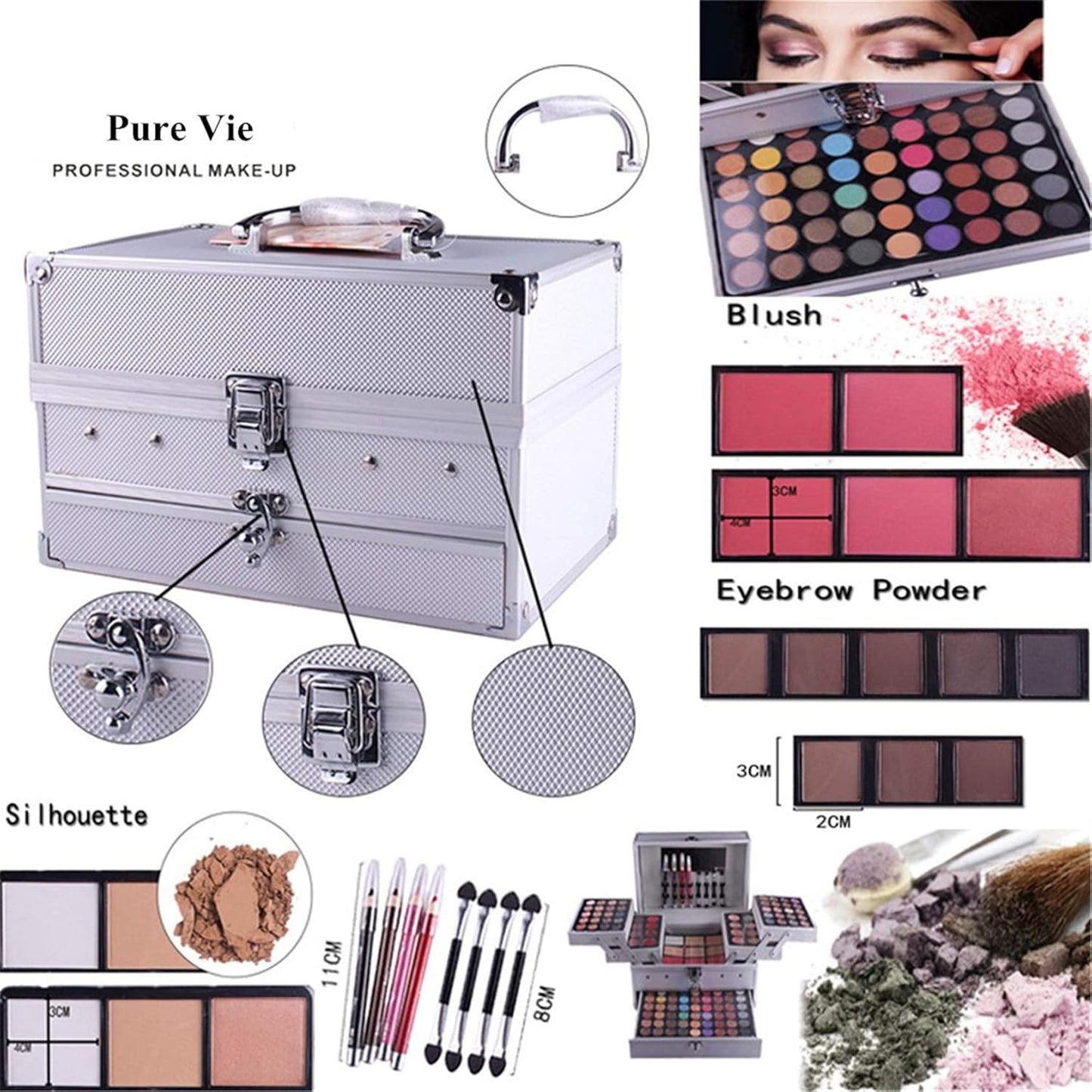 Pure Vie All In One Makeup Palette Gift Set Including 94 Eyeshadow, 12 Concealer, 3 Pressed Powder, 12 Lip Gloss, 3 Blush, 8 Eyebrow Powder - Harmony Makeup Contouring Kit for Salon and Daily Use #N4