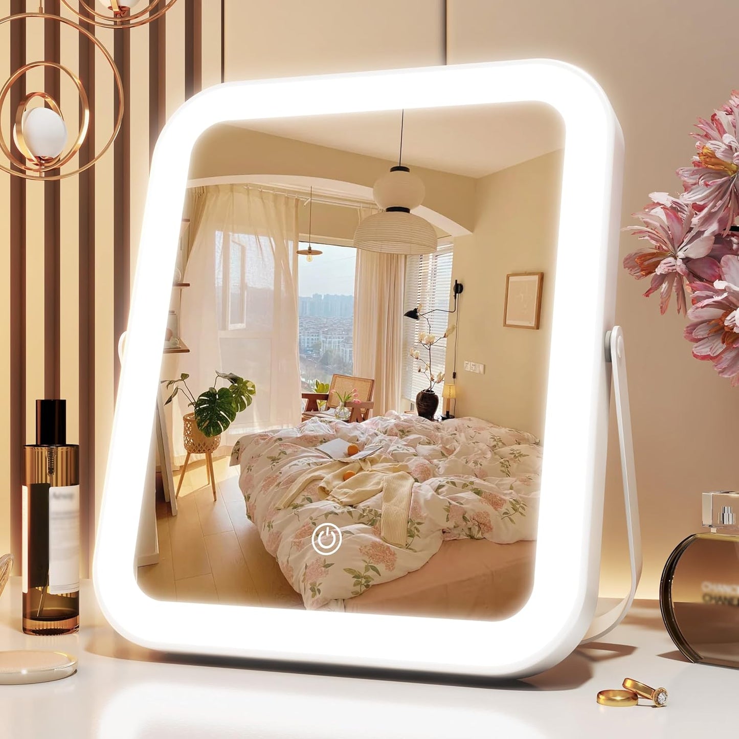 10"x8" Portable Lighted Makeup Mirror with 3-Color Dimmable LED, Touch Screen Vanity Mirror for Travel or Bedroom Desk (White)