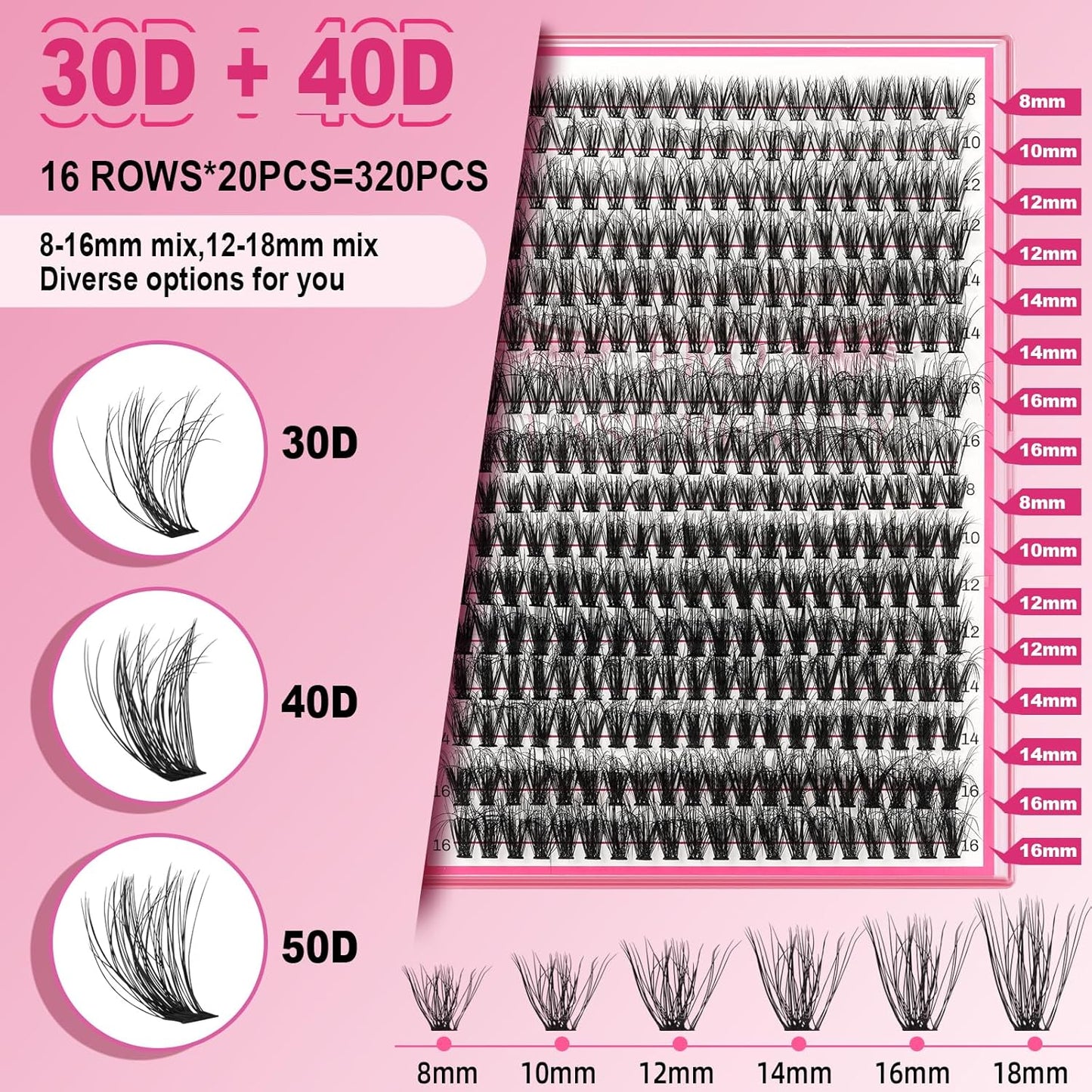 Lash CIusters 320Pcs Individual Lashes 3D Fluffy Cluster Lashes Natural Look Eyelash Clusters Faux Mink Wispy Lashes 30D+40D-D Mixed DIY Lash Extension (3D Fluffy-30D+40D-D,8-16mix)
