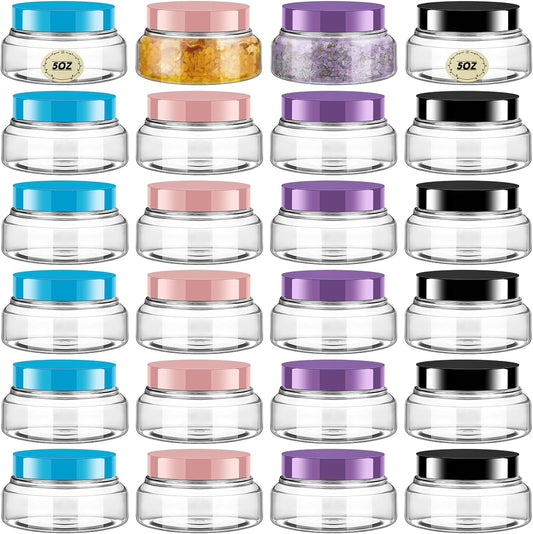 Tessco 24 Pack Plastic Jars with Lids Labels Empty Clear Plastic Jars Round Refillable Cosmetic Containers Body Butter Containers Bulk Sugar Scrub Bottle for Make Up(5 oz,Multicolor)