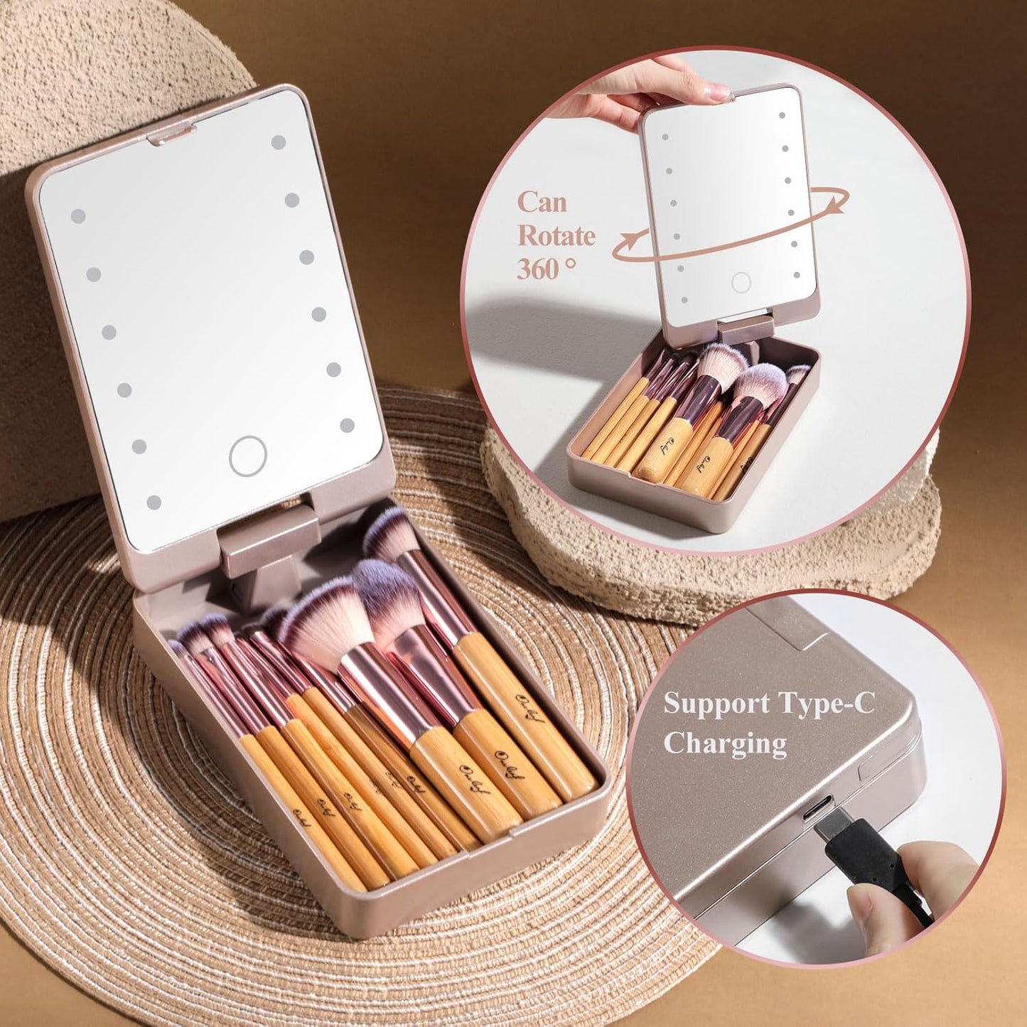 Oneleaf Travel Makeup Brush Set Foundation Powder Concealers Eye Shadows Makeup Set with LED light Mirror 14 Pcs Mini Makeup Brushes (Bamboo)