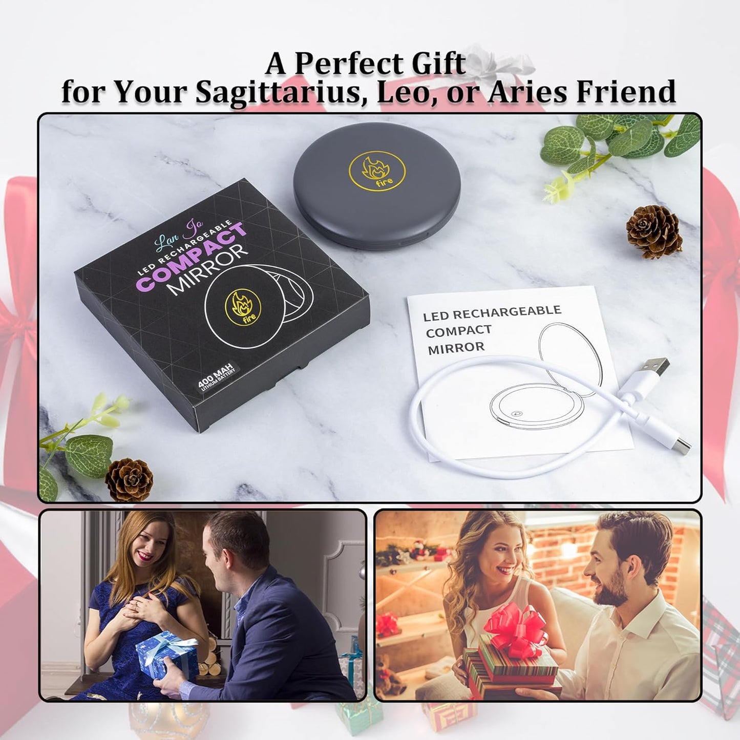 LanJo Lighted Compact Mirror with 1X/5X Magnification, Stepless Dimming & 3 Adjustable Light Settings, Rechargeable Makeup Mirror for Purse, Travel & Gifts – Fire Sign Zodiac Design – Charcoal Grey