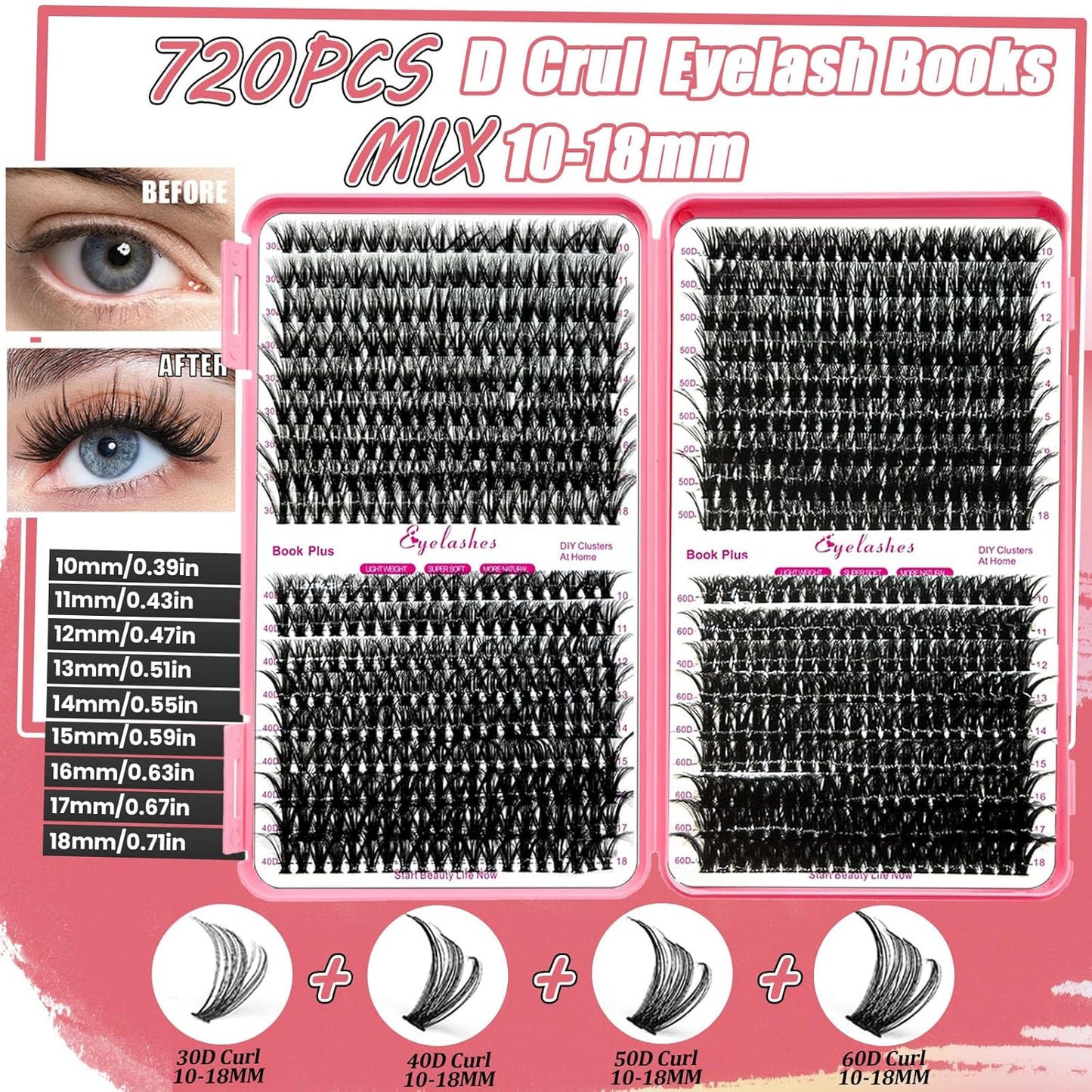 DIY Lash Extension Kit 720Pcs 10-18mm D Curl Lashes Clusters with Lash Bond and Seal Glue Remover Lash Shampoo Cleansing Brush Headband Wristband Tweezers Eyelash Brush Applicator