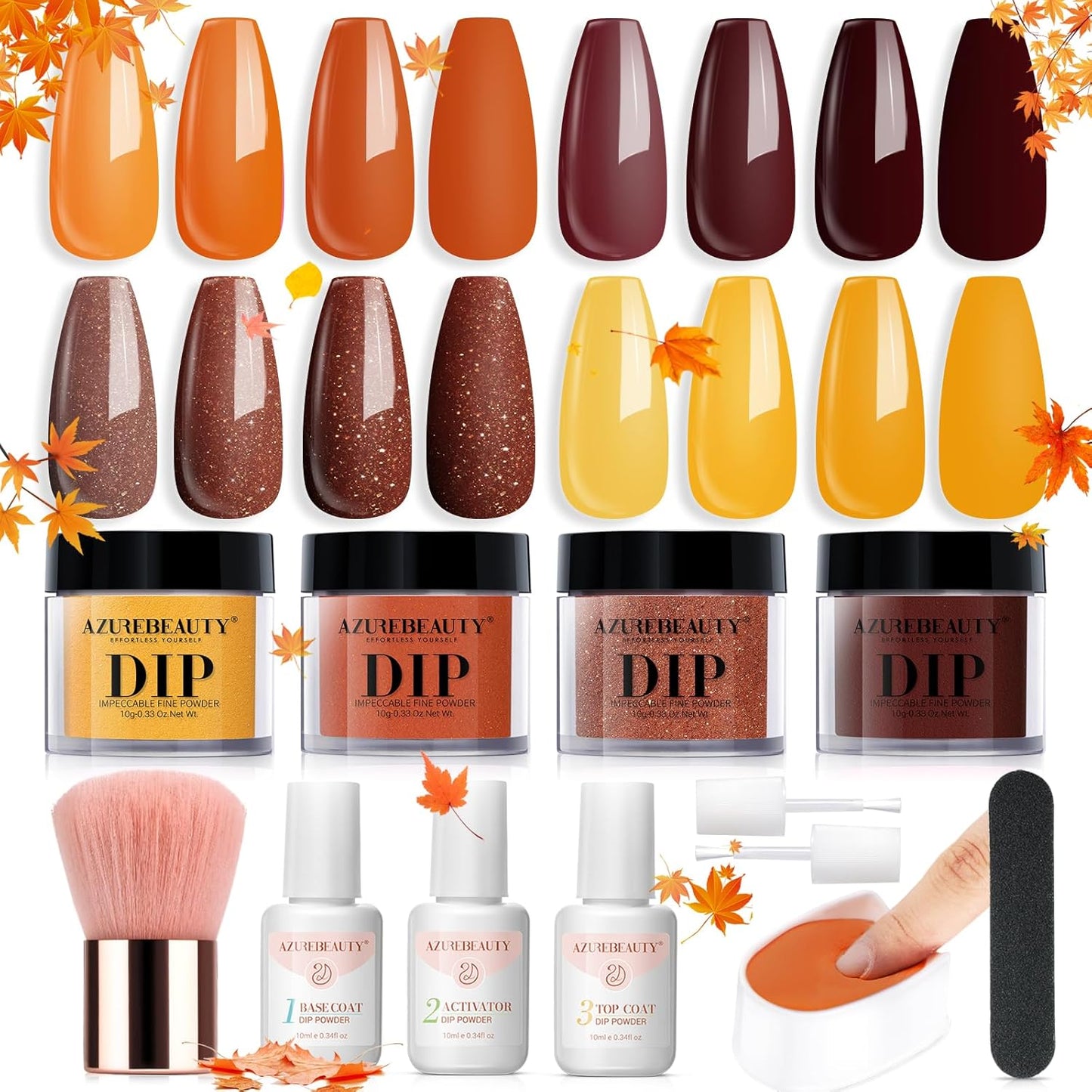 AZUREBEAUTY Dip Powder Nail Kit Starter, Fall Winter Yellow Orange Brown Glitter 12 Pcs 4 Colors Acrylic Dip Powder Liquid Set with Base/Top Coat Activator for French Nail Art Manicure DIY Gift
