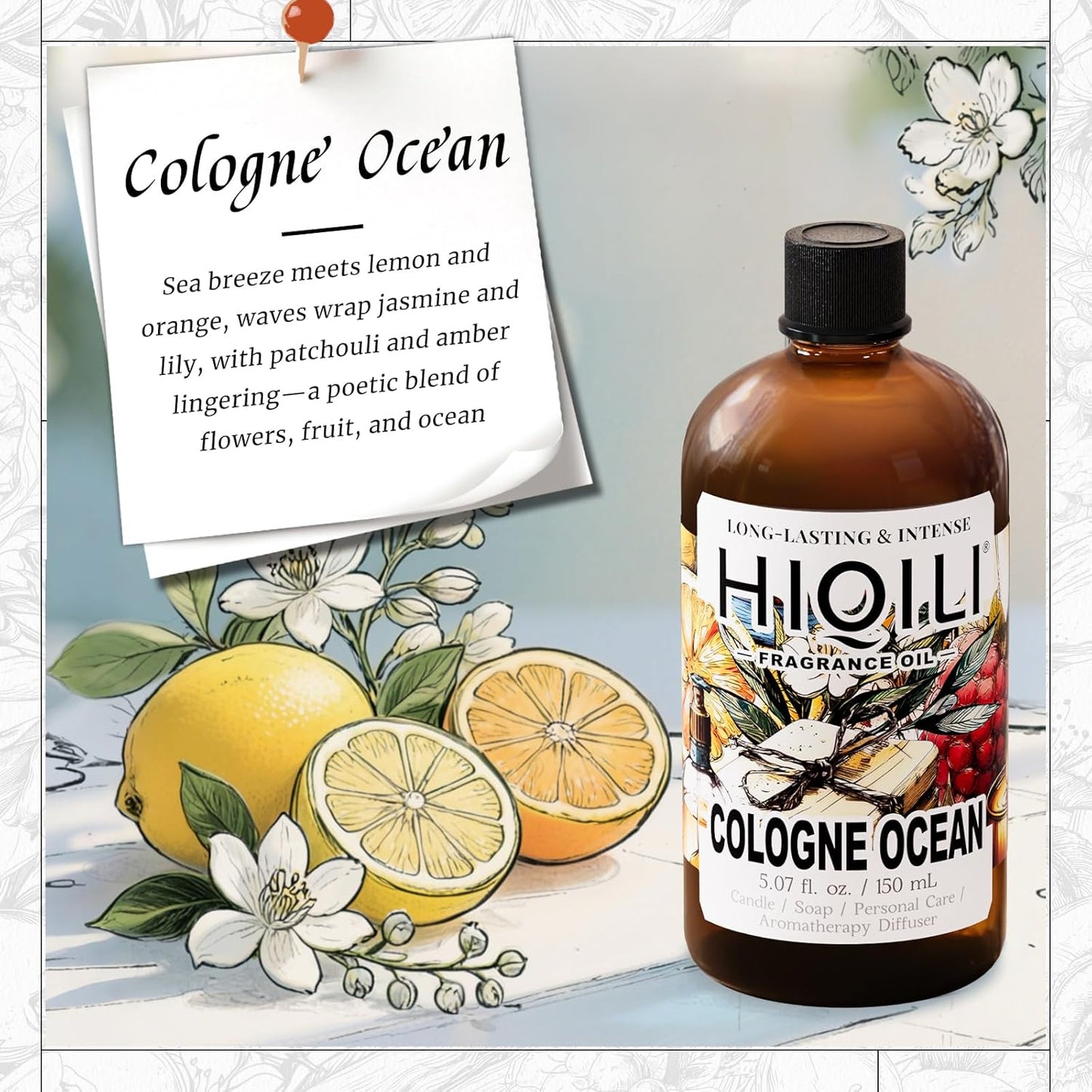 HIQILI Cologne Ocean Fragrance Oil for Making Candle, Bath Bombs, Home Diffuser, Long-Lasting Scents for Hair & Body - 5.07 Fl Oz