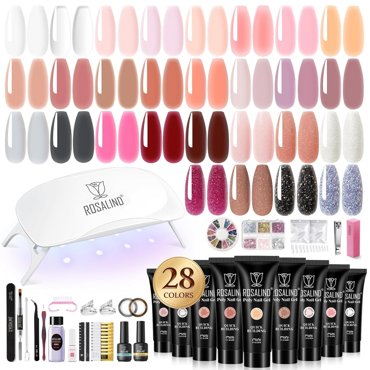 ROSALIND 28 Colors Poly Nail Gel Kit with Mini U V/LED Lamp White Nude Poly Nails Gel Kit Starter Kits With Slip Solution Pink Extensions Set for Nail Manicure Beginner