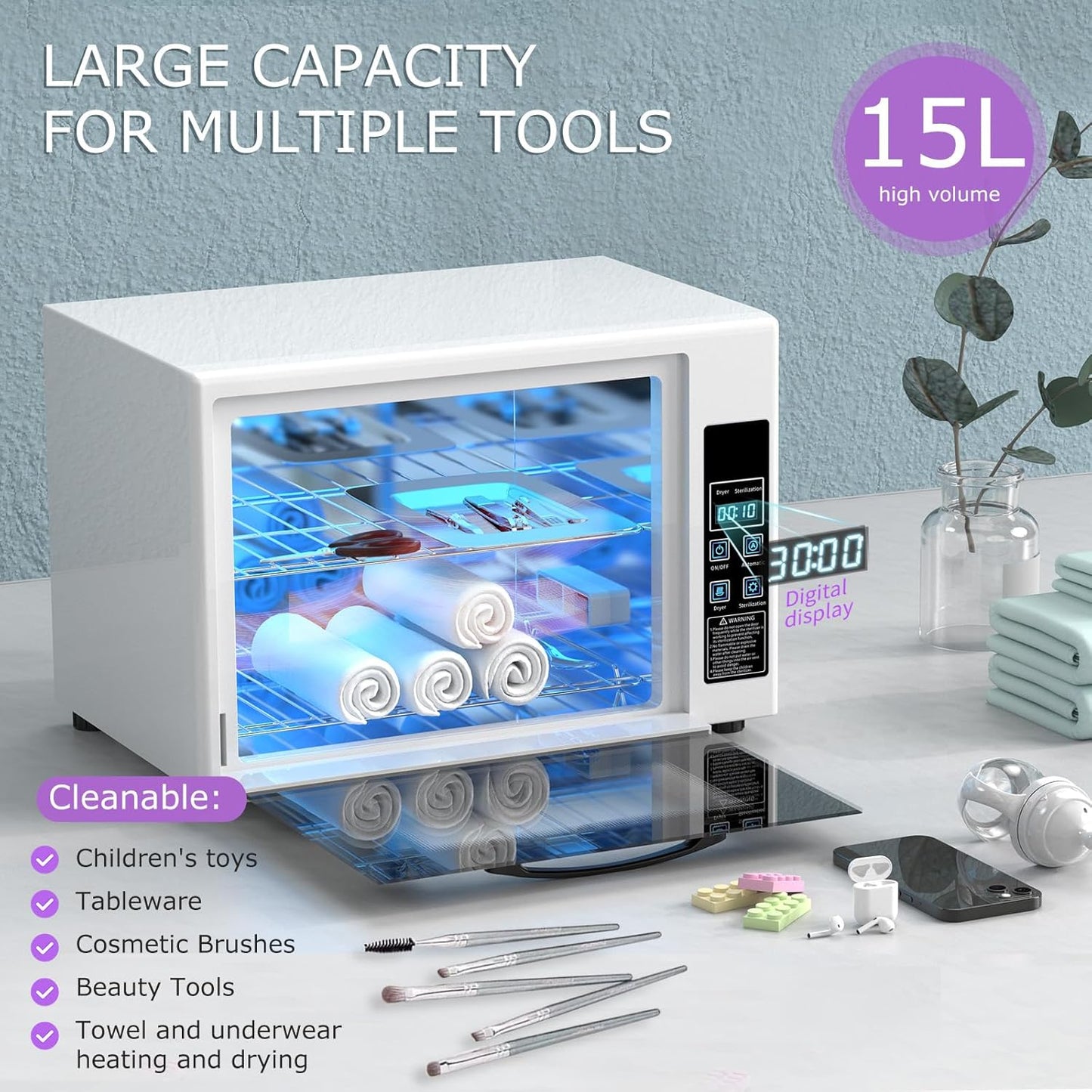 YOTAN 15L Nail Tool Cleaner with Timer Setting, High Capacity Cleaning Cabinet, Multi-Functional Manicure Cleaning Box for Spa Beauty Home Metal Tools, Mobile Phone, Baby Toy, White