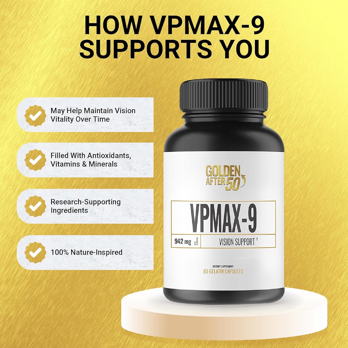 Golden After 50 VpMax-9 - Sight Care and Antioxidant Supplement with Eye Vitamins, Lutein, Lycopene and Bilberry Extract - 3 Bottles