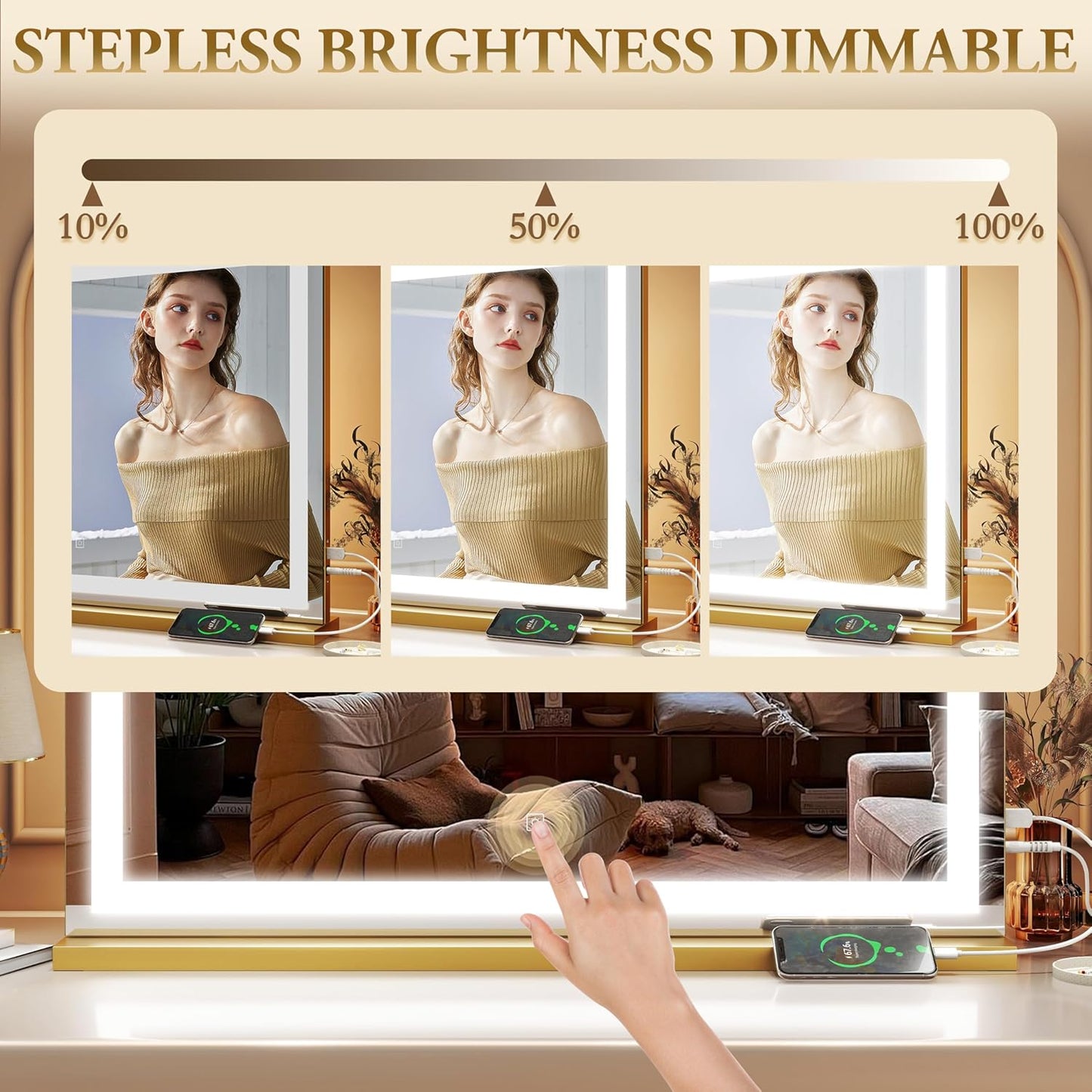 Vanity Mirror with Lights, 32" x 22" Large Lighted Vanity Mirror with Dimmable 3 Modes, LED Makeup Mirror, 10X Magnification, USB Charging Port, Tabletop or Wall-Mounted Square Gold