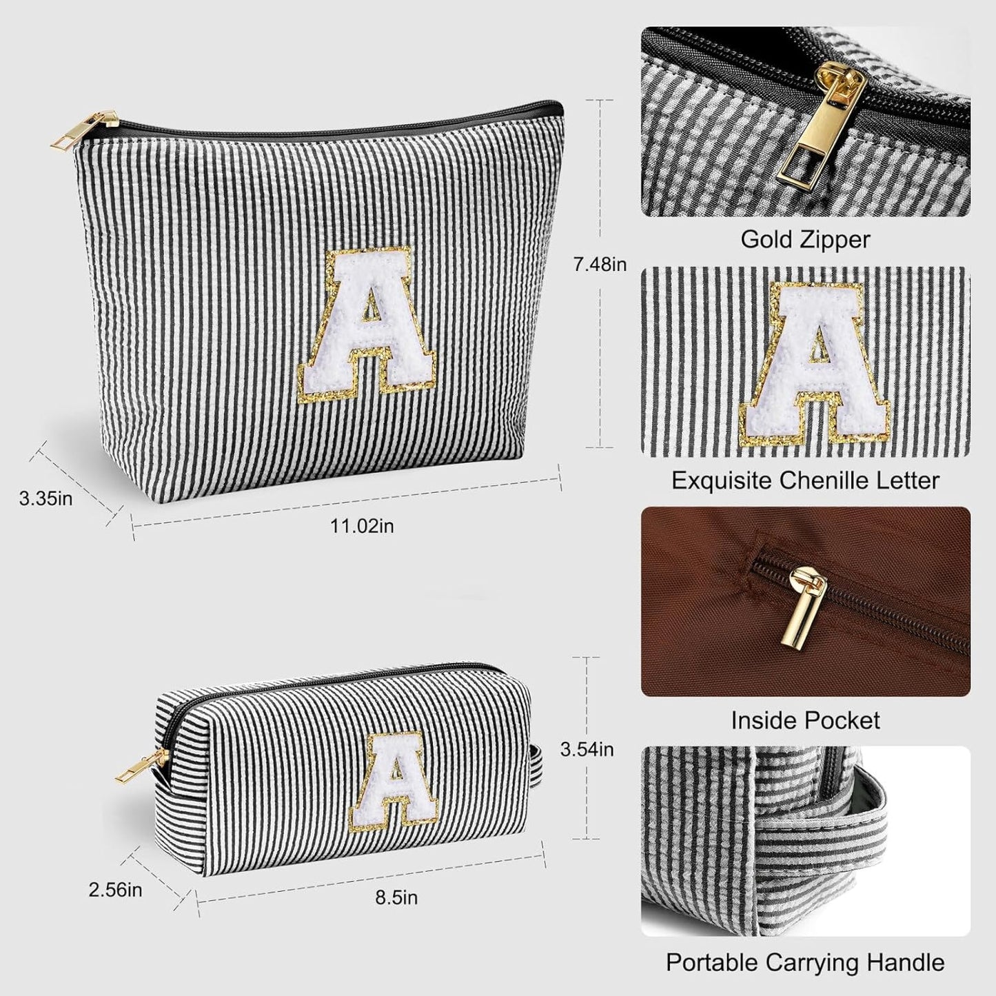 YOOLIFE Initial Personalized Preppy Makeup Bag - Monogrammed Birthday Gift for Women & Girls - Mother's Day Gift - Black