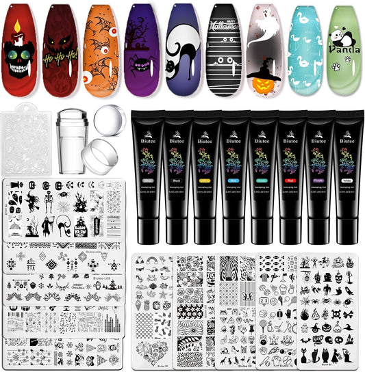 Biutee Nail Stamping Plates 8PCS Nail Stamping Polish Gel and Nail Stamper Kit 10 PCS Nail Art Stamper Plates, French Flower Leaves Animal Lace Halloween Design (10 PCS Plates With 8 PCS Gel)