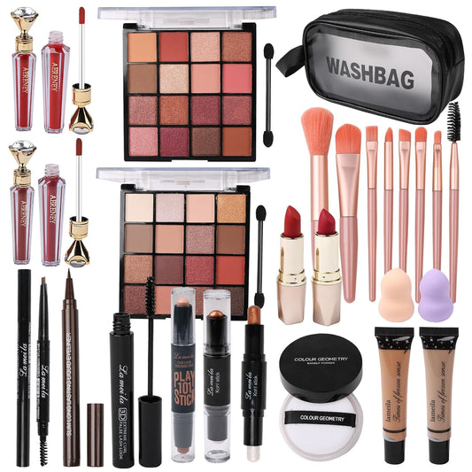 All in One Makeup Kit For Women Girls Teens 2x16 Colors Eyeshadow Palette Liquid Foundation Eyeliner Pencils Contouring Stick Lip Gloss Eyebrow Pencils Mascara Powder Puff Makeup Brushes Makeup sets