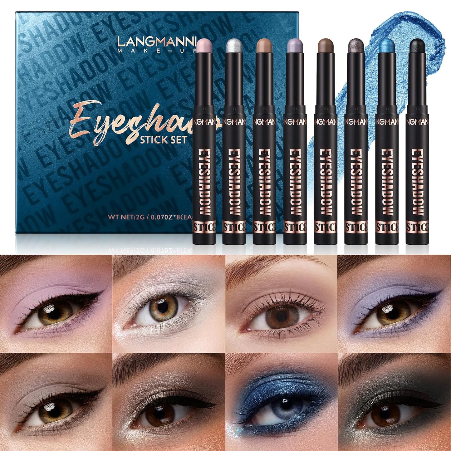 LANGMANNI 8 PCS Pro Kit Eyeshadow Stick Gift Makeup Set,Matte Earth Color+Bright Metal Color Multifunctional Contour Stick,Waterproof & Long-Lasting Eyeshadow (#C)