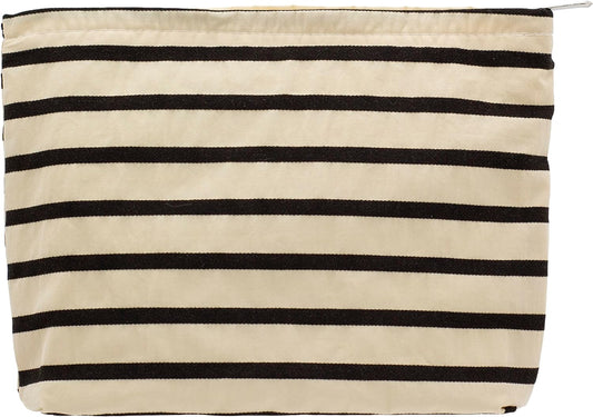 PAZIMIIK Floral Makeup Bag Large Cotton Zipper Pouch for Purse Travel Canvas Make Up Organizer for Women Cosmetic,Stripe White