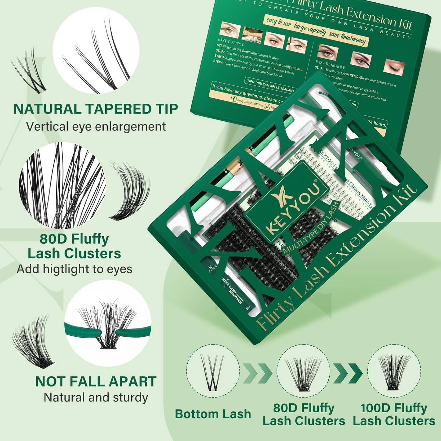 KEYYOU Lash Extension Kit with Bottom Lashes Mixed 5-18mm 80D 100D Eyelash Extension Kit Multi-Type Lash Clusters with Bond and Seal Applicator Remover DIY at Home