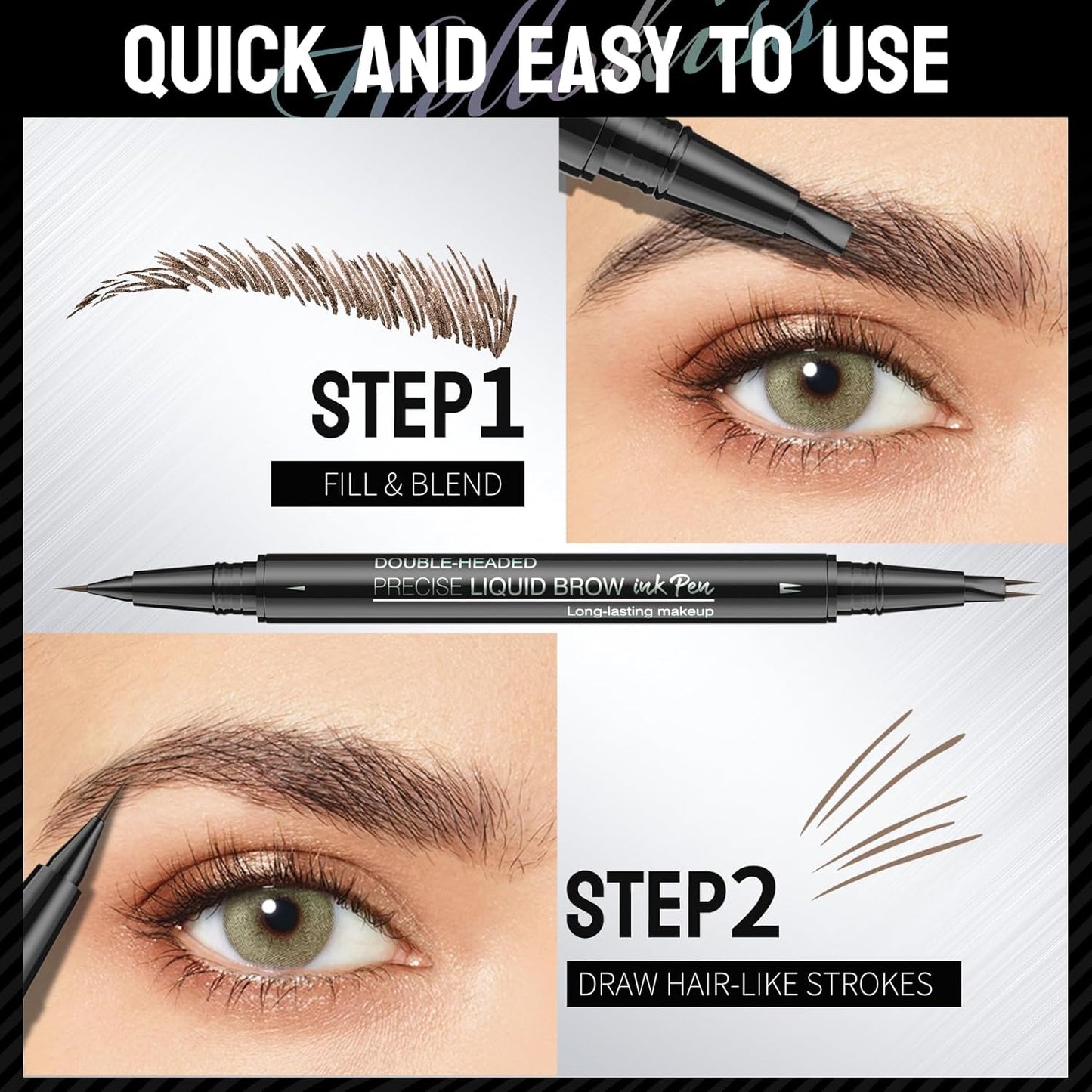 Eyebrow Pencil, Eyebrow Pen with Double-Brush Tip 2-in-1 Eyeliner Dual-Ended Microblading Long Lasting Waterproof Hair-Like Brow Pencil with Eyebrow Brush (Black)
