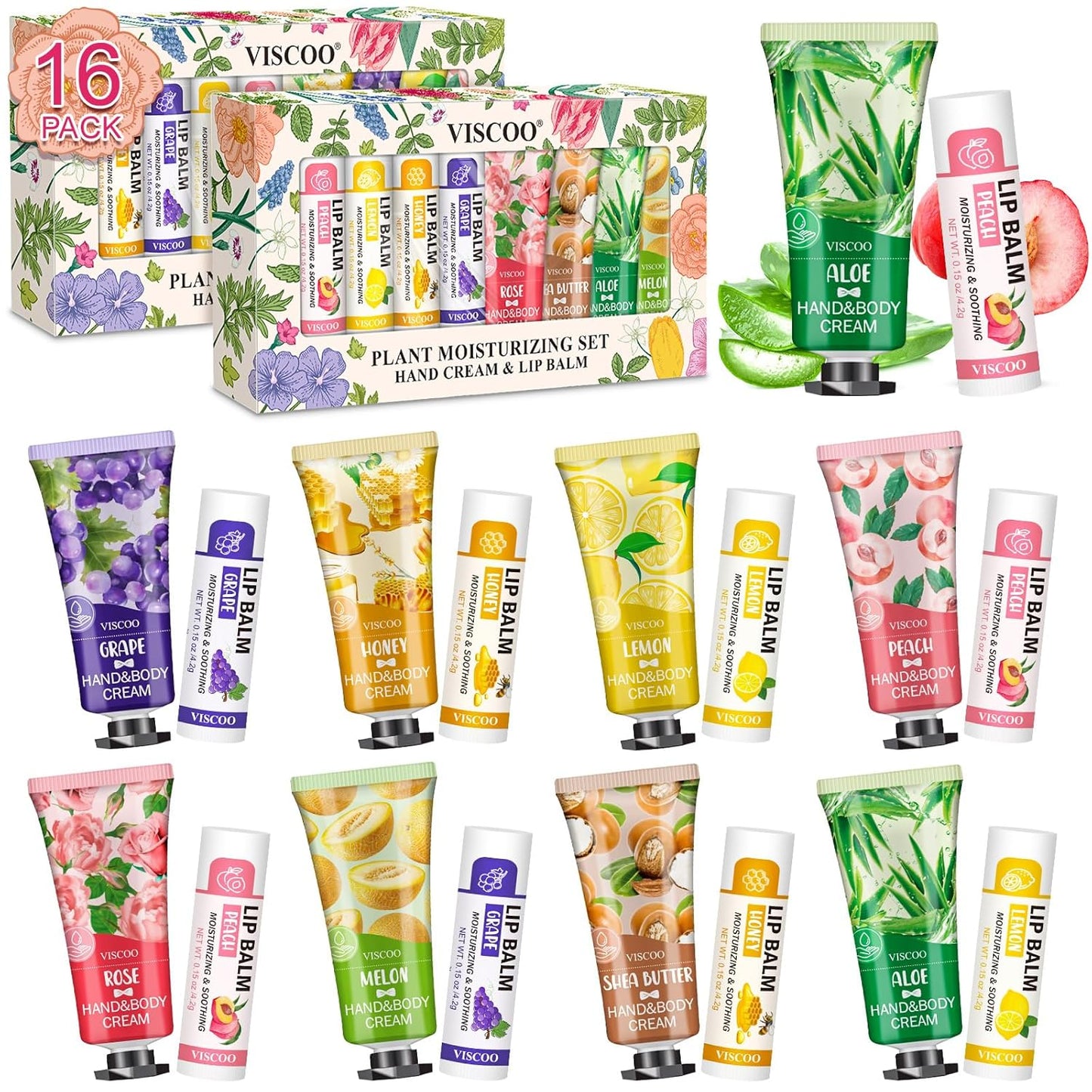 16 Pack / 8 Sets Bulk Lip Balm and Hand Cream Gift Set, Bridal Shower Gifts and Bridal Wedding Favors for Guests, Baby Shower Party Favors for Guests, Thank You Gifts, Birthday Gifts for Women