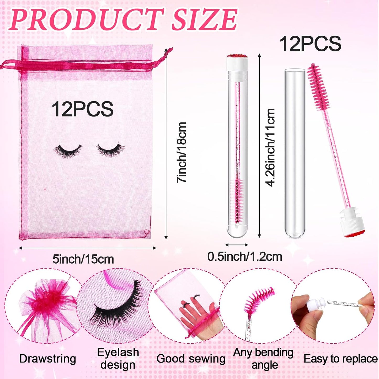 Zhehao 80 Pcs Lash Shampoo Bottle Brushes Kit 20 Foam Pump Dispensers 20 Lash Shampoo Brushes 20 Eyelash Aftercare Bag 20 Cleaning Pipes, Eyelash Extension Supplies(Rose Red)