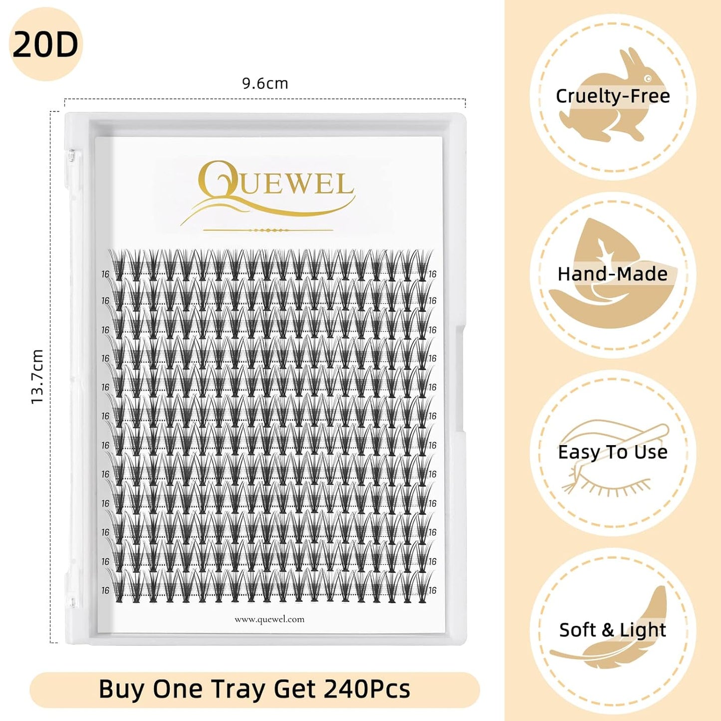 QUEWEL Cluster Lashes 240Pcs Individual Lashes 20D 0.07C Curl 16mm Knot-Free Lash Extensions Clusters Lashes Soft&Natural False Eyelashes Individual DIY Eyelash Extension at Home(20D 0.07C 16)