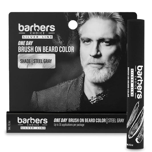 Barbers Choice Silver Line, Facial Hair Brush on Temporary Color for Silver Fox Men- Instantly Brighten White Beards, Mustache & Sideburns, Less Yellow, Easy Application, Steel Gray