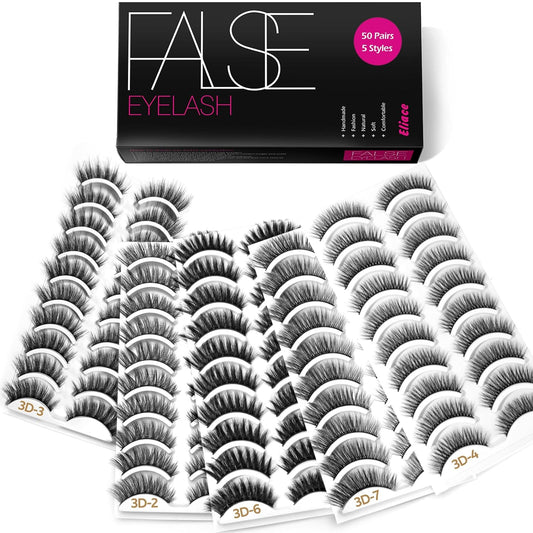 Eliace Eyelashes, (50 Pairs,5 Styles) Luxurious Faux Mink Lashes Natural Look Wispy Fluffy Handmade Cat Eye False Lash Pack, False Eyelashes Set, Fake Lashes Strips, Makeup Fake Eyelashes Pack