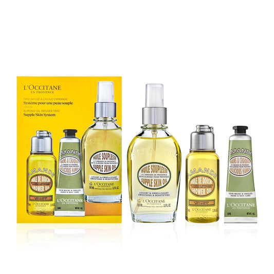 L'OCCITANE Supple Skin System: Hydrate & Soften, Almond Oil Infused Trio Featuring Almond Supple Skin Oil, Almond Shower Oil, and Almond Delicious Hand & Nail Care Lotion, Bath and Body Gift Set