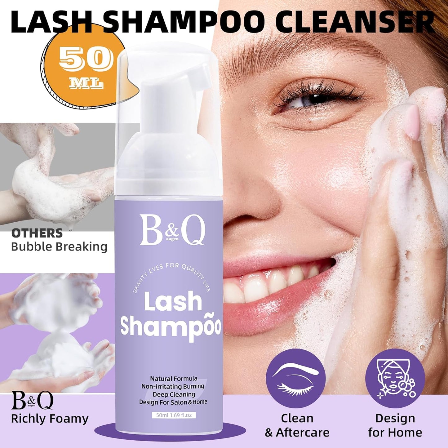 Lash Shampoo Kit Lash Cleaning Kit 50ML Lash Bath Kit Lash Wash for Eyelash Extensions Lash Remover Mascara Brush with Hairband Portable Eyelash Cleanser for Home Use (50ML Shampoo Kit)