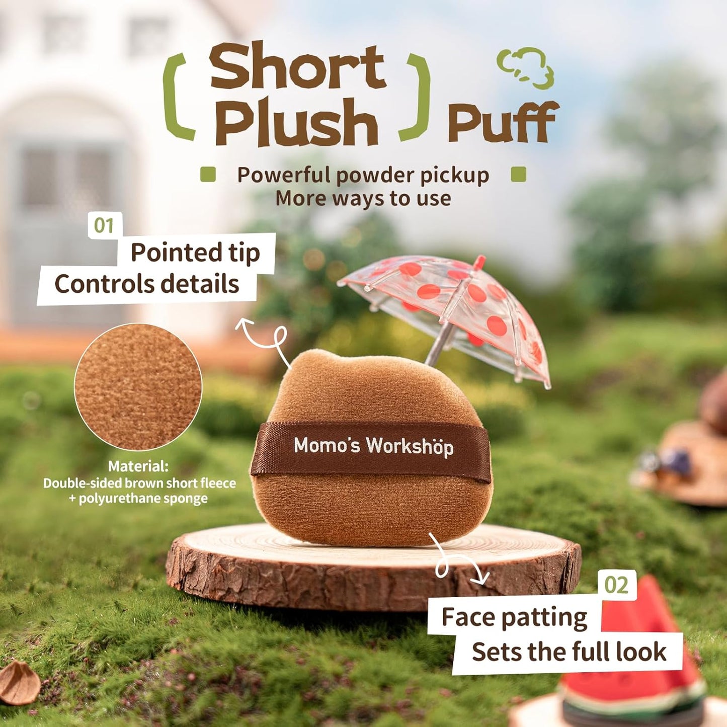 Single-Ear Short Plush Puff,Brown Velvet Powder Puff, 85° Pointed Tip for Highlighting & Full-Face Setting,3pcs Plush Puffs & Storage Case