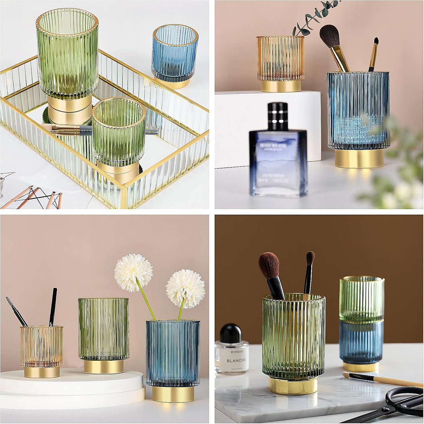 DASITON Makeup Brush holder Organizer,Crystal Cosmetic Makeup Brush Glass Brushes Storage Holder, Vintage Make Up Brush Cup Pen Pencil Holder striped vase(Blue S+L)