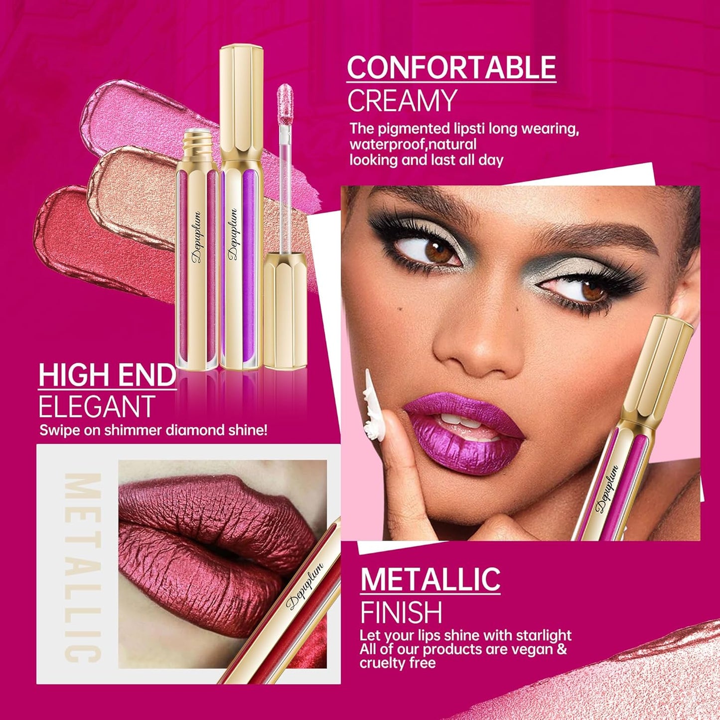Brown Lipsticks for Women Metallic Lipstick Long Lasting Non Stick Cup Lip Gloss, Shimmer Lightweight Hydrating Full Coverage Lip Color, DP113 Pleasure