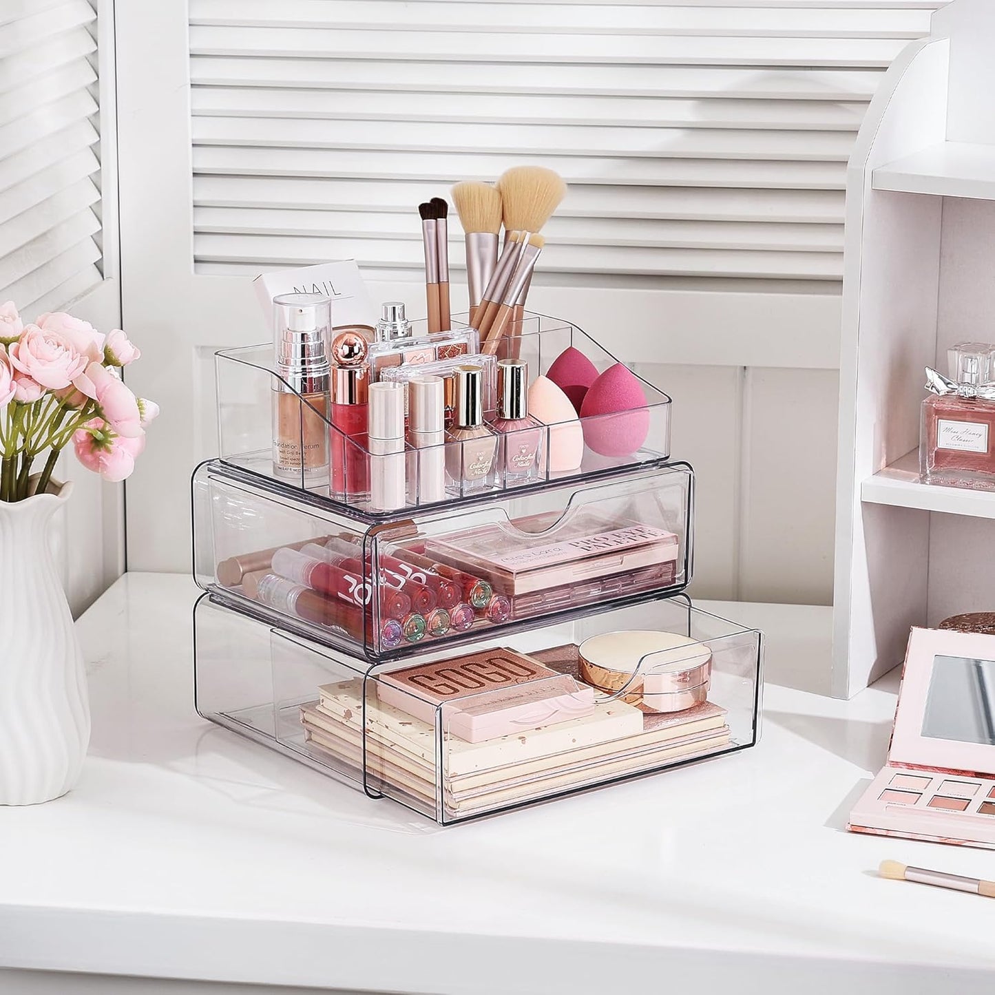 Vtopmart 3 Tier Clear Makeup Organizer with Drawer, Cosmetic Storage for Dresser Countertop and Bathroom Vanity, Beauty Holder for Lipstick Brush Skincare