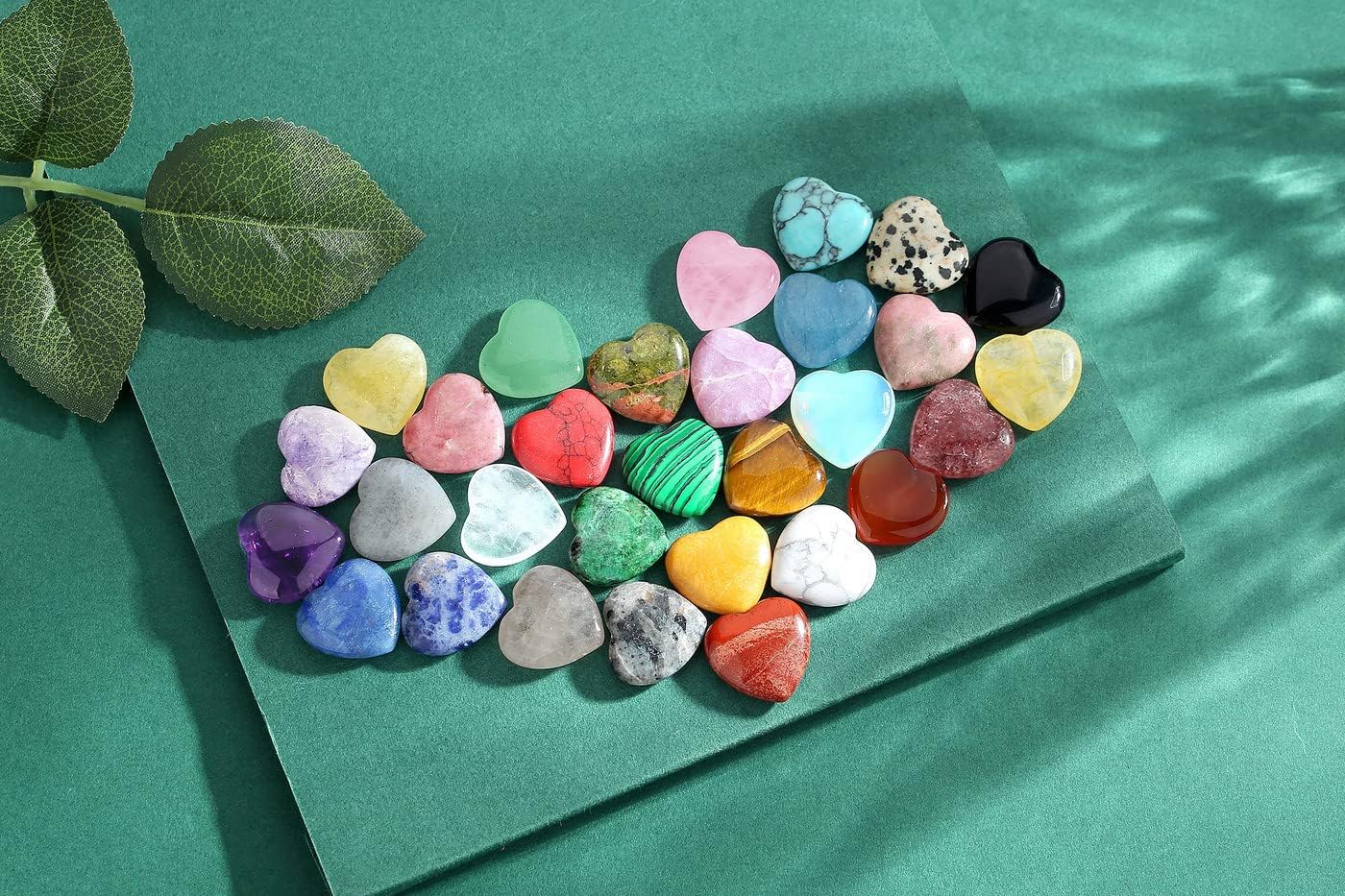 QINJIEJIE 30PCS Heart Crystals Healing Crystal Palm Natural Stones Polished Gemstones Amethyst Malachite Rose Quartz Assorted Set 0.8" Bulk Wholesale Reiki Energy Balancing Love Galentines Day Gifts