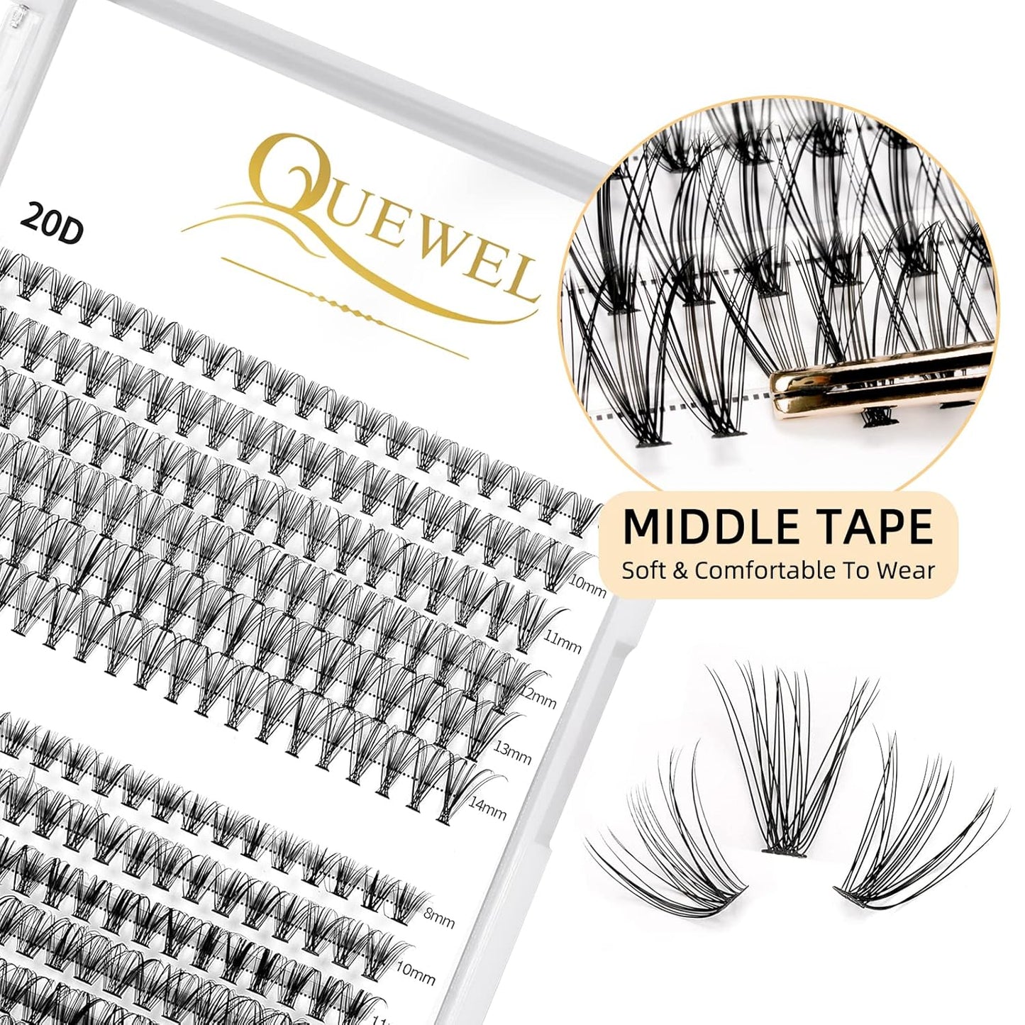 QUEWEL Cluster Lashes 240Pcs Individual Lashes 20D+30D D Curl Mix8-14mm Lash Extensions Clusters Lashes Soft&Natural False Eyelashes Individual DIY Eyelash Extension at Home(20D+30D D mix-8-14)