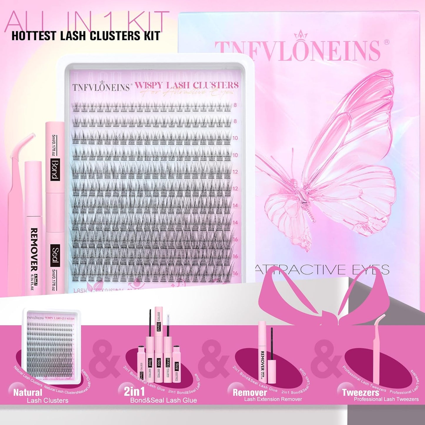 TNFVLONEINS Wispy Lash Clusters Kit 220Pcs Eyelash Extension Kit Natural Lash Extension Kit CC Volume Eyelash Clusters Short Individual Lashes Clusters 3D Eyelash Clusters Kit with Remover