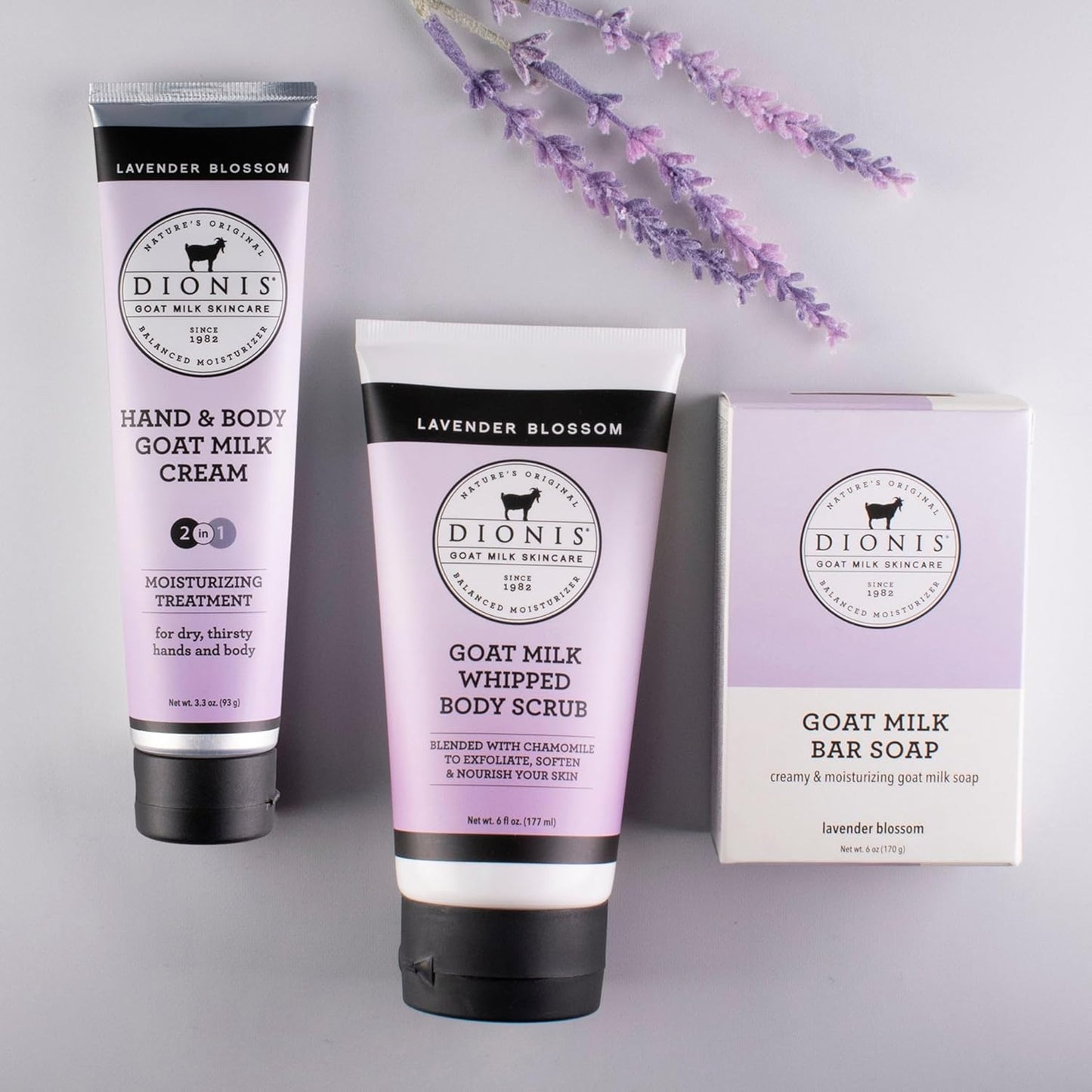 Dionis Goat Milk Skincare Lavender Blossom 3 Piece Self Care Essentials Gift Set - Bar Soap, Hand & Body Cream & Whipped Chamomile Sugar Body Scrub In Recyclable Box - Exfoliate & Moisturize Dry Skin