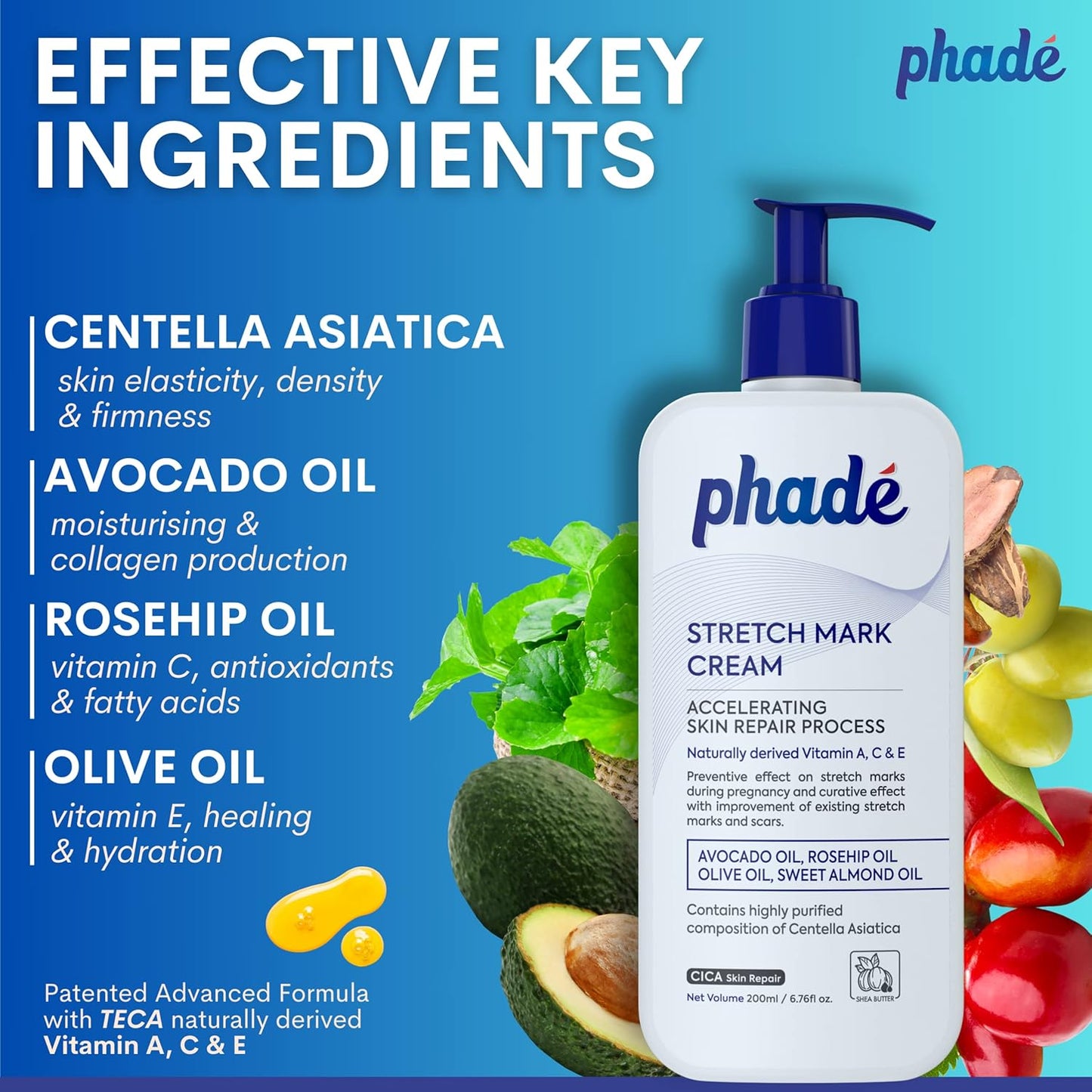 Phade Stretch Mark Cream with CICA - 200ml | Pregnancy, Scars, Uneven Skin Tone, Aging | Dermatologist Tested, Clinically Proven Formula for Stretch Marks, Hydration, and Skin Repair