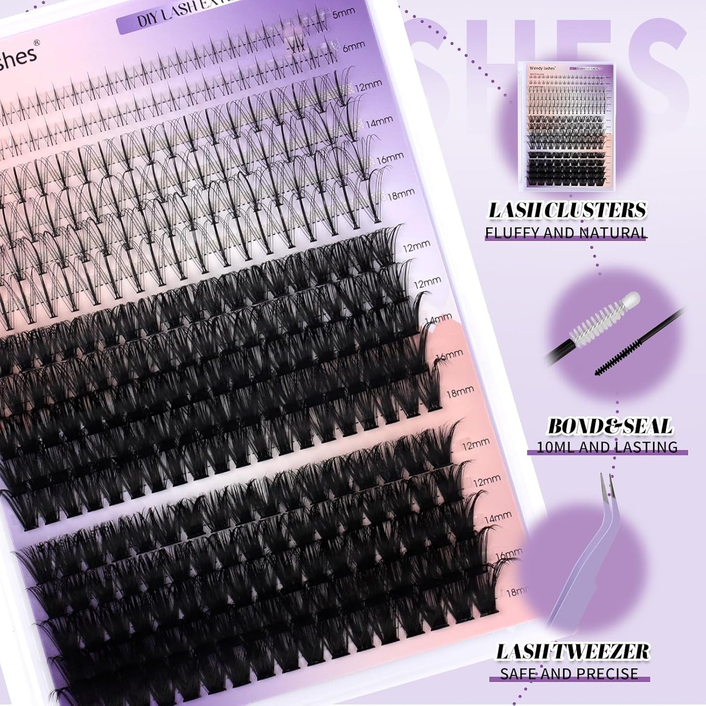 Lash Clusters Kit With Bottom Lashes 60/80/100/200D DIY Lash Extension Kit 12-18mm Multi-types Individual Lashes Bond and Seal, Spike, Volume Lashes Kit Lash Applicator(60/80 Kit)