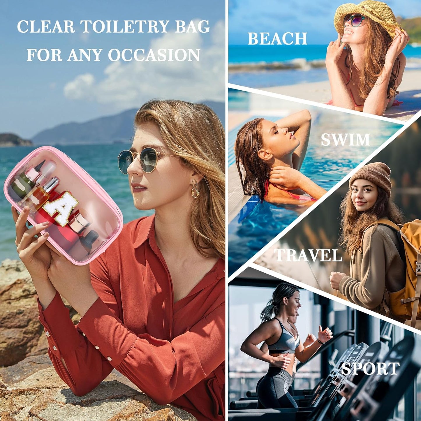 YOOLIFE Initial Make Up Bag Travel Toiletry Bag, Clear Makeup Bag Preppy Cosmetic Bags Organizer Travel Essentials Pink Gifts for Women Teen Girlfriend Teacher Mom Birthday Mothers Day Gifts E