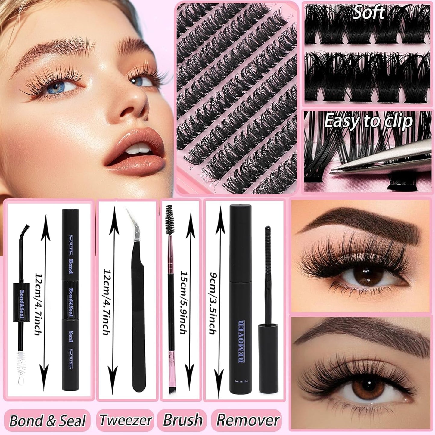 Lash Clusters Kit, Eyelash Clusters Individual Lash Extension Kit 480 Pcs D Curl Fluffy Wispy False Eyelashes Extensions Thin Band with Bond Seal Tweezers Brush Remover (80D+100D Kit 9-16mm)