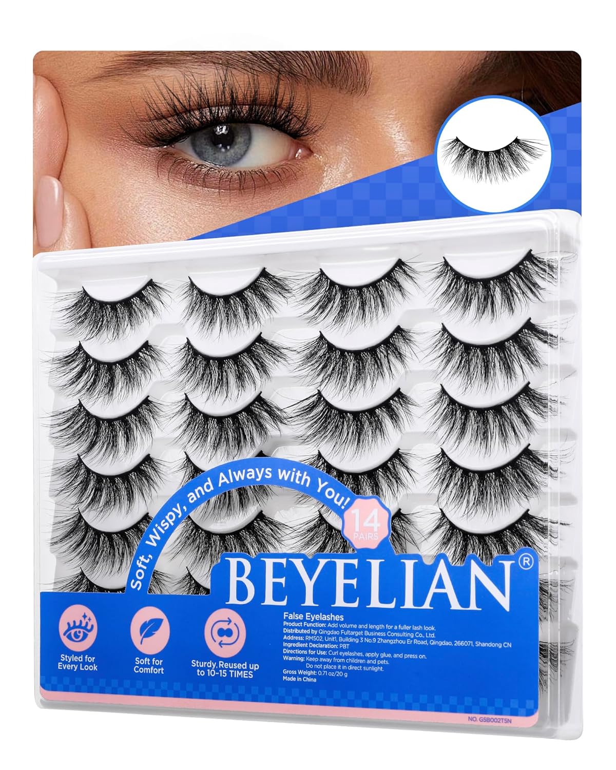 BEYELIAN 14 Pairs False Eyelashes Fluffy D Curl 10-18MM Long Wispy Lashes Pack, Soft and Lightweight 3D Volume Faux Mink Lashes, Reusable, Easy to Apply (14P-HSCS-12)
