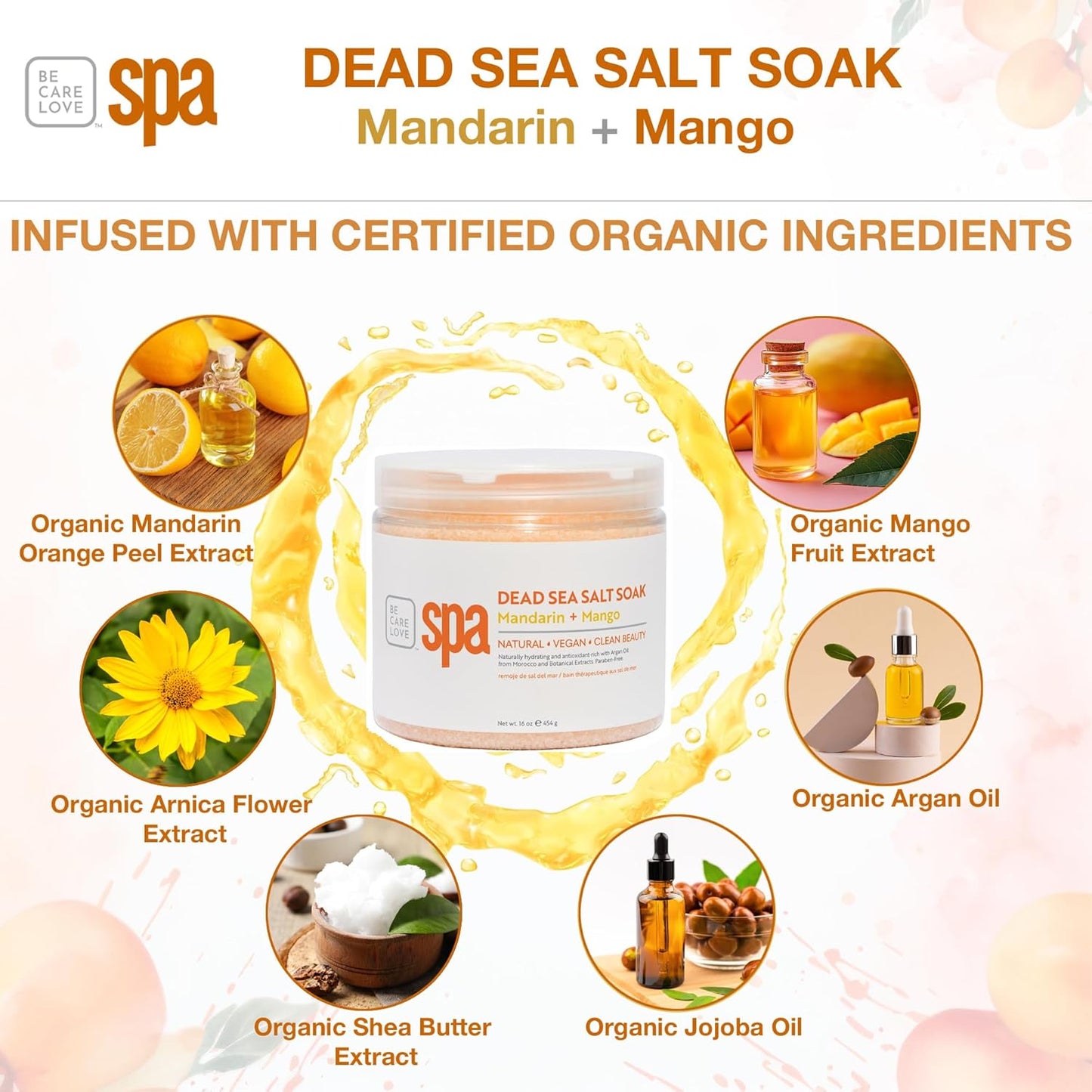 Be Care Love (BCL) Spa Dead Sea Salt Soak (16 oz, Mandarin & Mango)