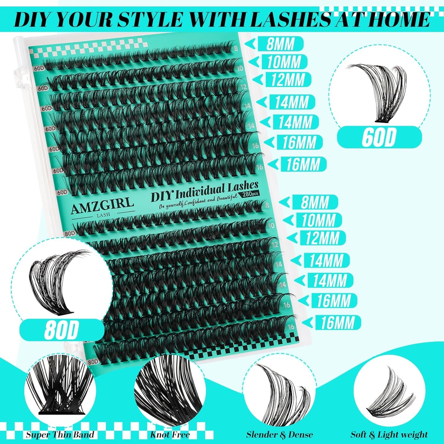 Lash Clusters Kit,280Pcs Individual 60D 80D Eyelash Extension Kit,Lash Bond and Seal,Lash Remover For Eyelashes Extensions,Lash Applicator Tool For False Lashes Cluster Kit At Home(D-Mix9-16mm)