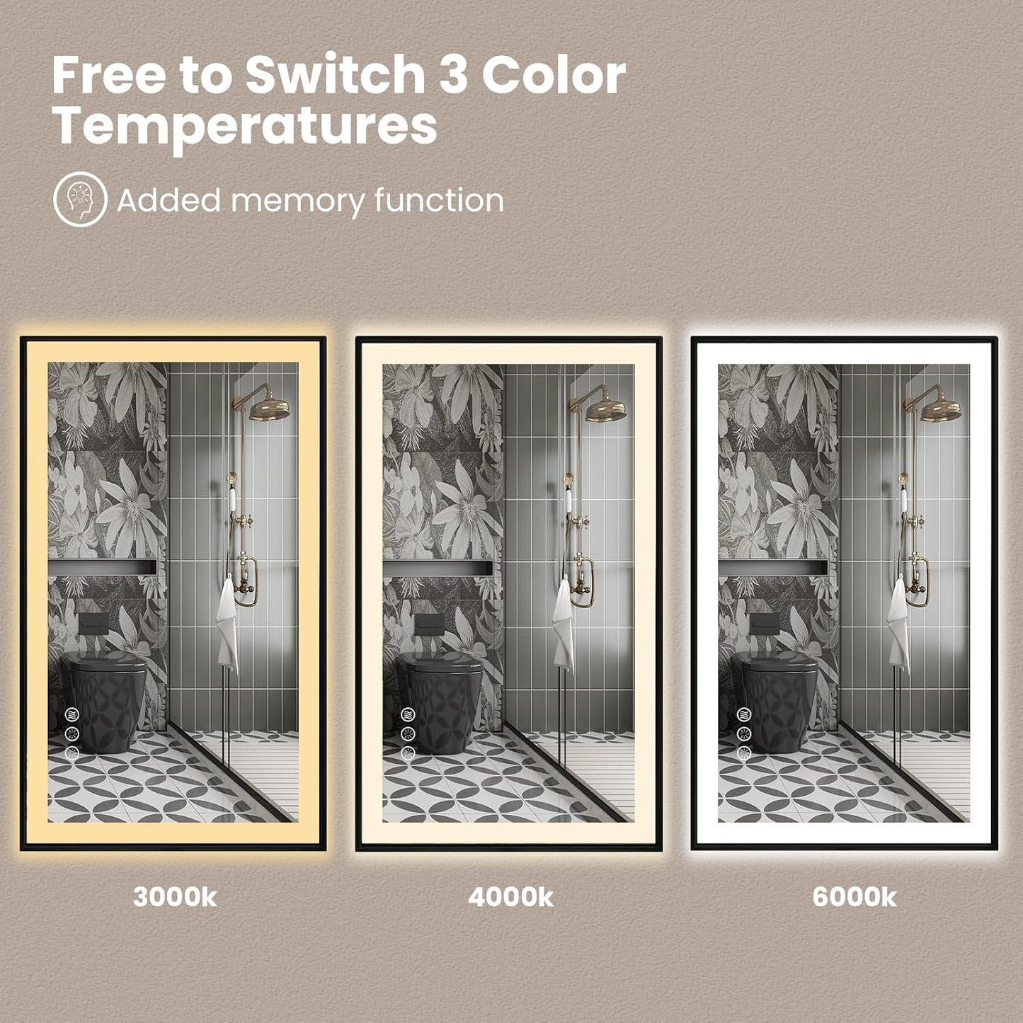 Amorho 72"x 36" LED Bathroom Mirror with Black Frame, Front Light and Backlit(Controlled Separately), Stepless Dimmable, Anti-Fog, Shatter-Proof, 3 Colors, Memory