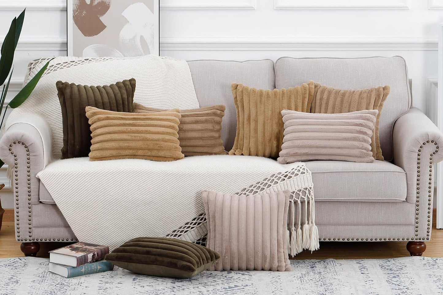 MADIZZ Set of 2 Faux Wool Plush Decorative Throw Pillow Covers 26x26 Inch Drak Brown Fluffy Striped Soft Decorative Cushion Cover for Sofa Bedroom Pillow Shell