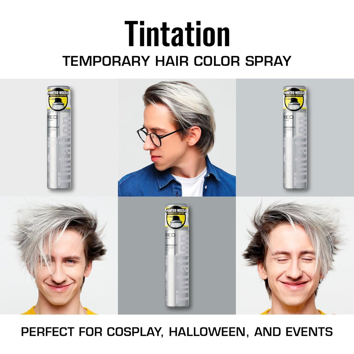 Red by Kiss Tintation Temporary Hair Color Spray 2.82oz, Quick-Dry & Smudge-Proof, Vivid Color Washable Hair Dye, Styling Spray Cosplay Halloween Birthday Party Festival (Platinum Silver)
