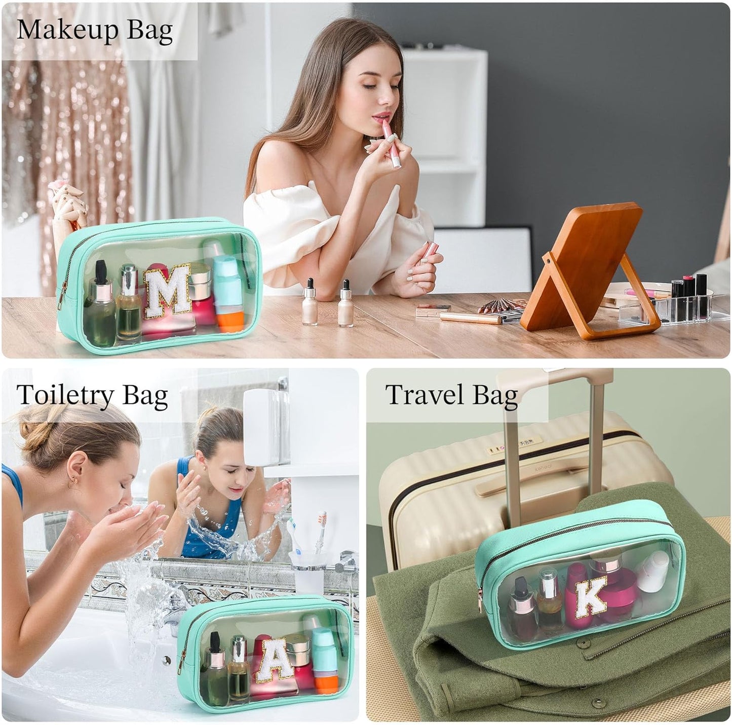 YOOLIFE Initial Clear Makeup Bag | Travel Clear Makeup Bag | Travel Beach Toiletry Bag | Car Organizer Essentials for Women | Waterproof Large Clear Travel Toiletry Bag | Teacher Birthday Gifts Blue K