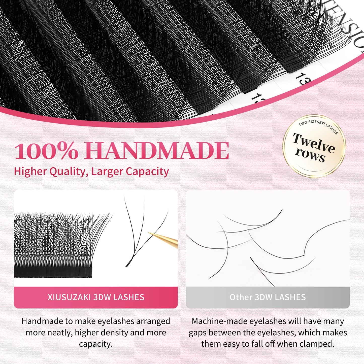 W Lash Extensions Supplies 3D Eyelash Extensions W Shape 0.07mm Thickness D Curl 14mm Premade Fans Easy Fan Lashes Volume Matte Black 12 Rows Crisscross Eye Lashes(W-3D-0.07-D,14mm)